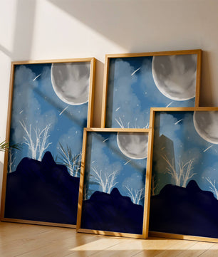 Paysage nocturne d'hiver avec arbres nus et pleine lune