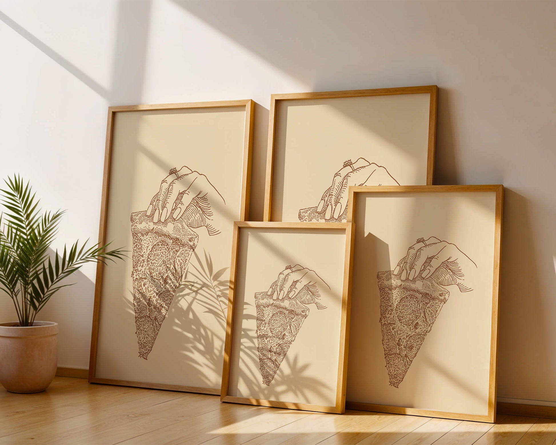 Hand holding a detailed vintage pizza slice illustration