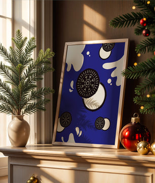 Graphic design featuring cookies and milk splashes on blue background