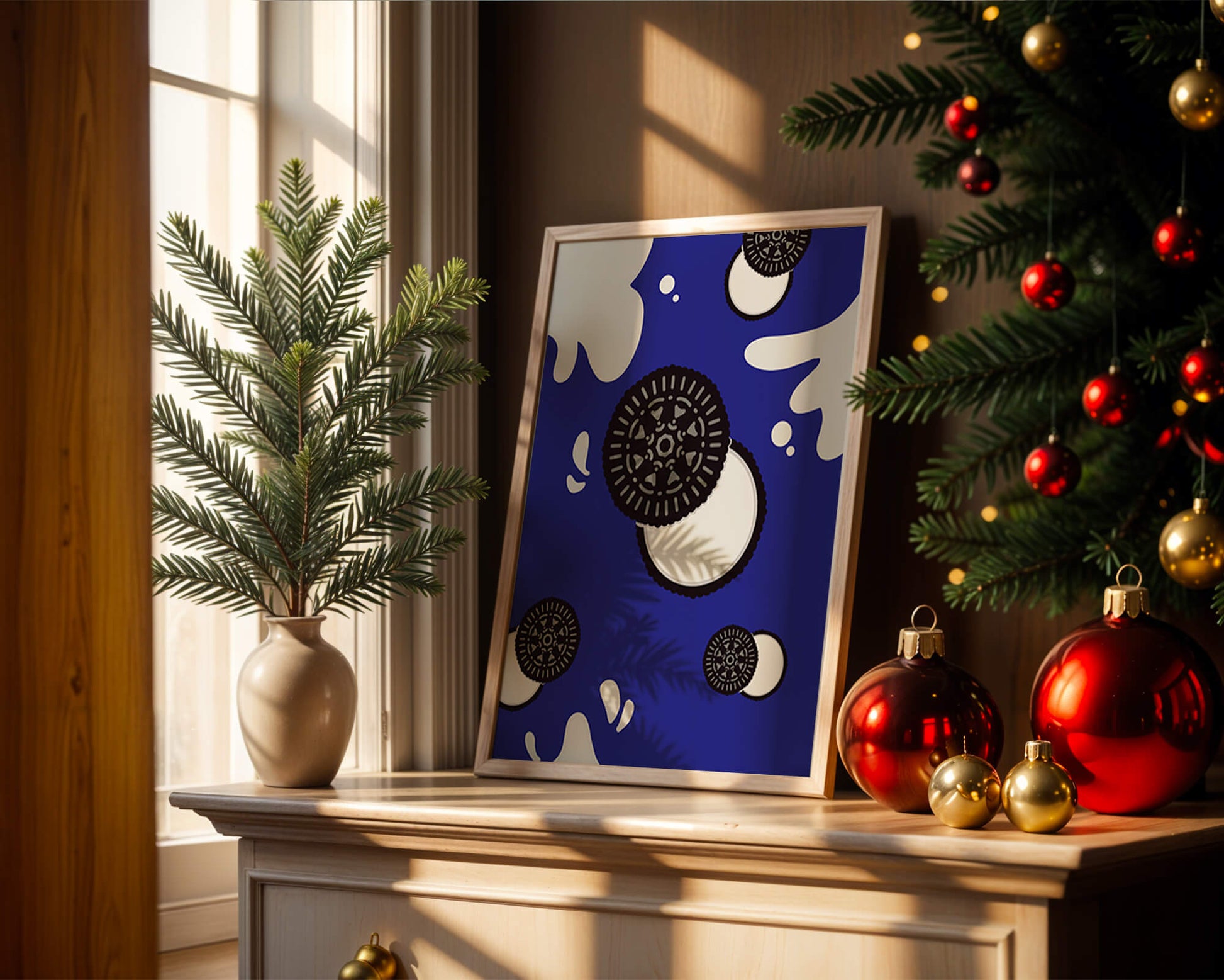Graphic design featuring cookies and milk splashes on blue background