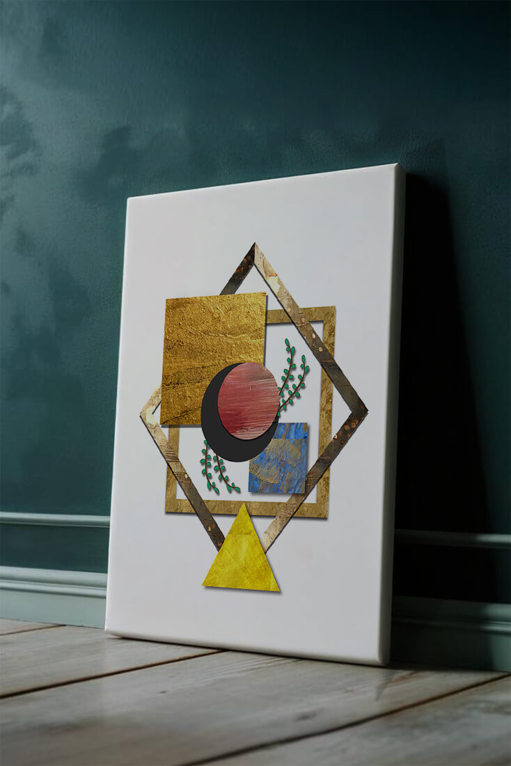 Modern geometric abstract art with vibrant colors and gold accents