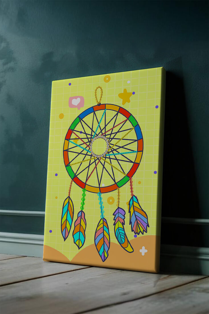 Colorful dreamcatcher on a vibrant yellow background