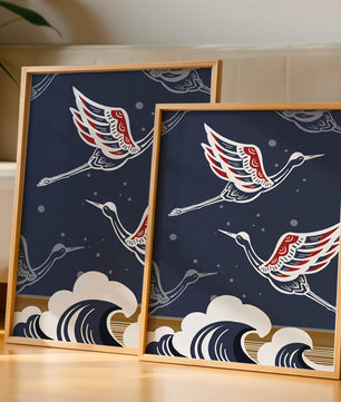 Illustrative cranes flying over ocean waves with dark background