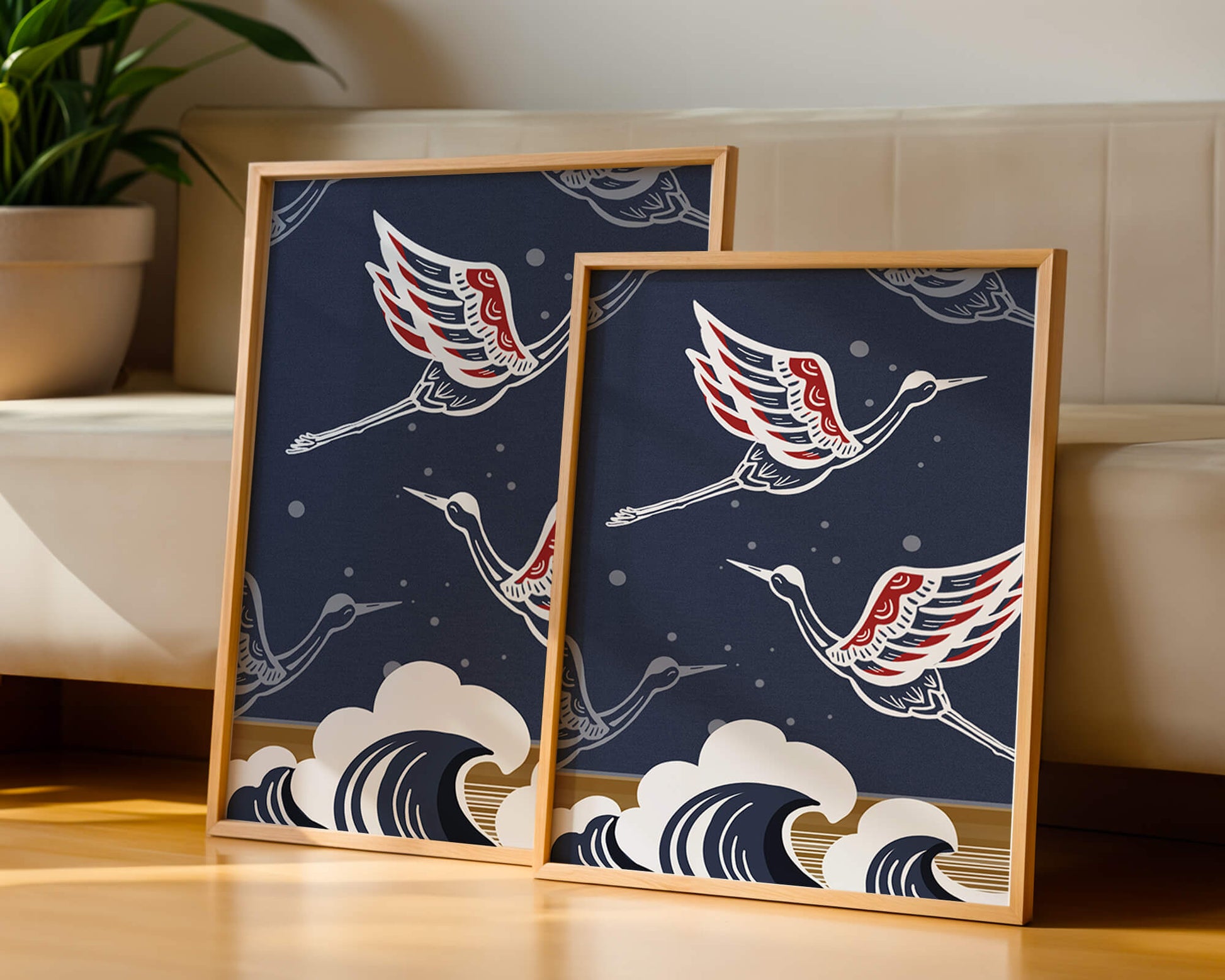 Illustrative cranes flying over ocean waves with dark background