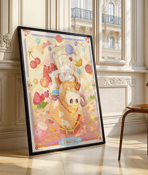 A whimsical Taurus zodiac illustration with playful animals and sweet treats