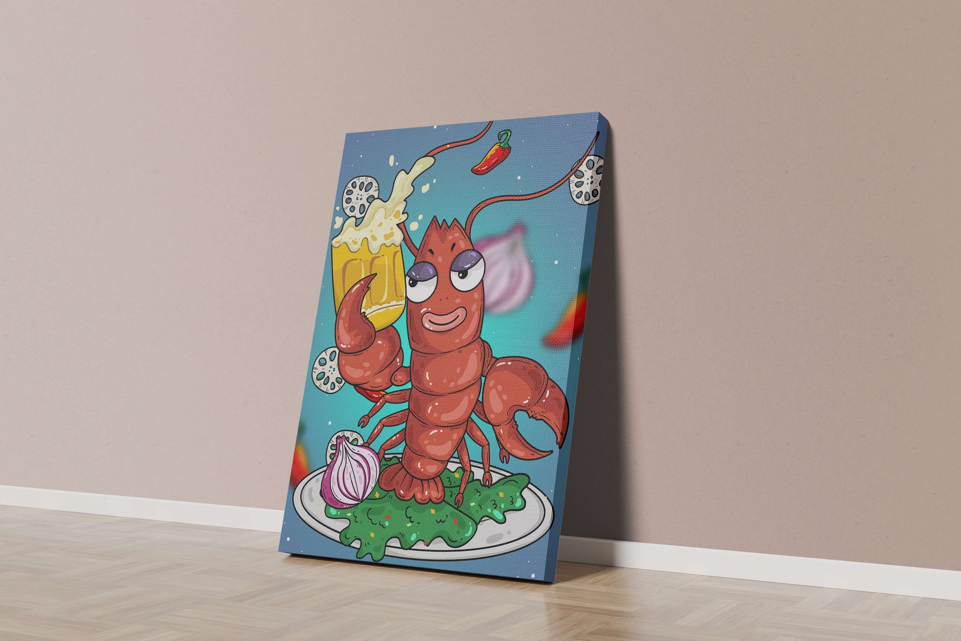 Playful cartoon lobster holding a beer in a whimsical setting