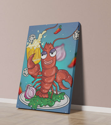 Playful cartoon lobster holding a beer in a whimsical setting