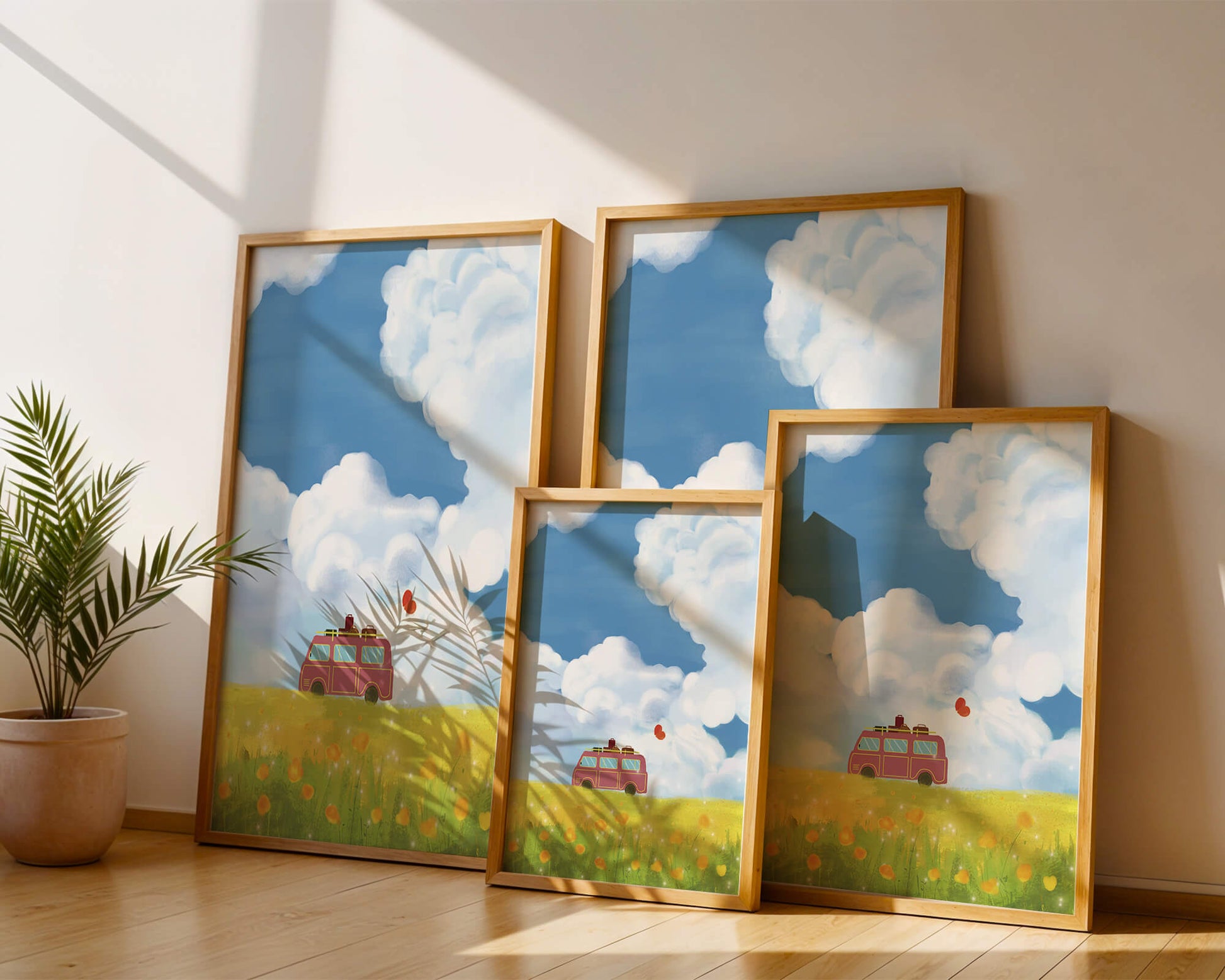 Colorful Van in a Vibrant Field with Balloons and Luggage