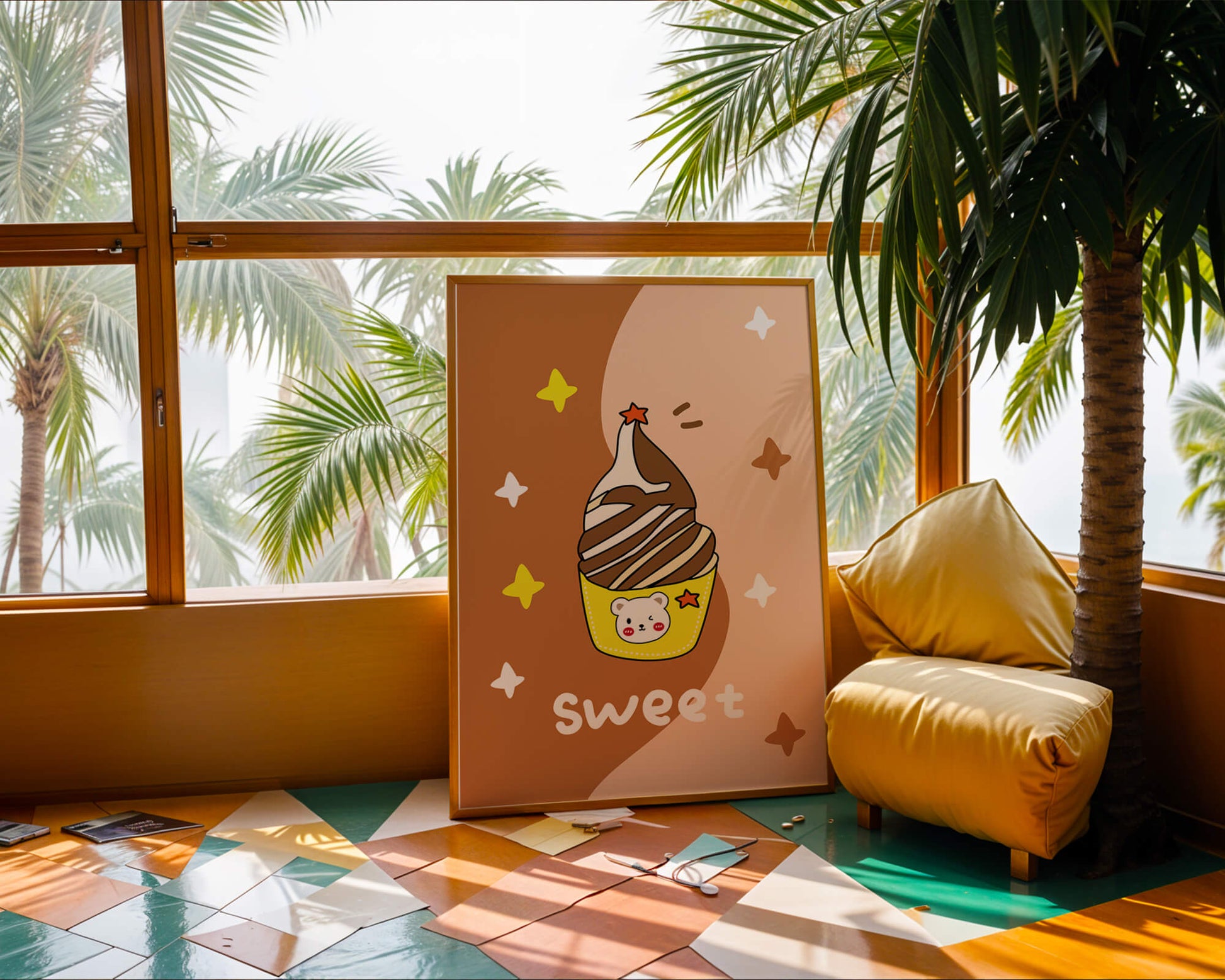 Adorable ice cream design with kawaii bear and colorful background