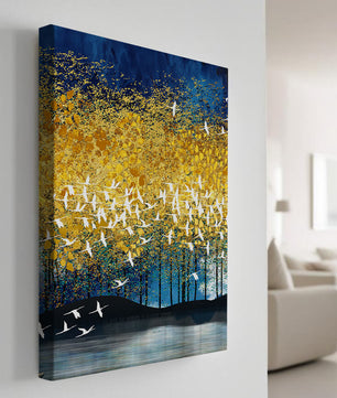 Vibrant Forest Landscape with Birds and Golden Leaves