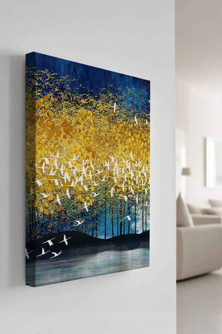 Vibrant Forest Landscape with Birds and Golden Leaves