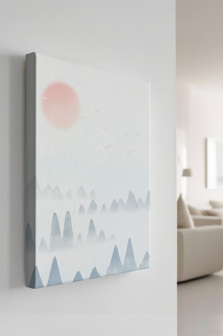 Minimalistic Mountain Landscape with Soft Colors and Birds in the Sky