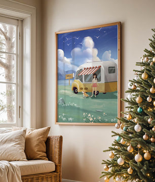 Girl with dog by camper van in serene nature setting