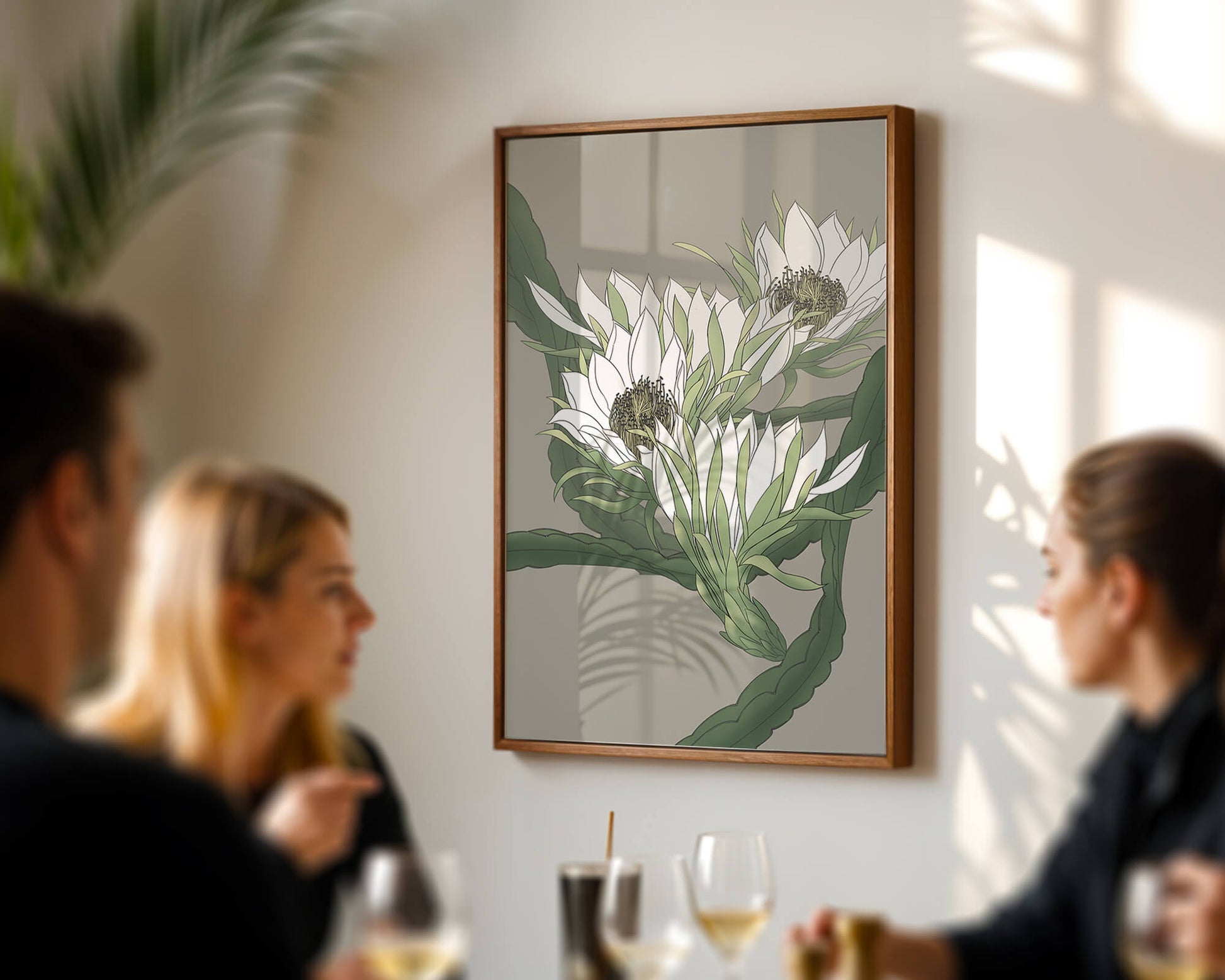 Beautiful botanical illustration of white blooming flowers with green leaves
