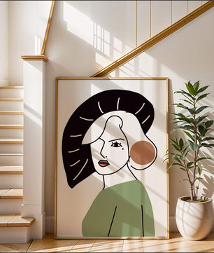 Minimalist Abstract Portrait Featuring Woman with Black Hat and Green Outfit - Mi tienda