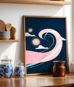 Cosmic Waves and Planets with Whimsical Pink Swirls and Stars - Mi tienda