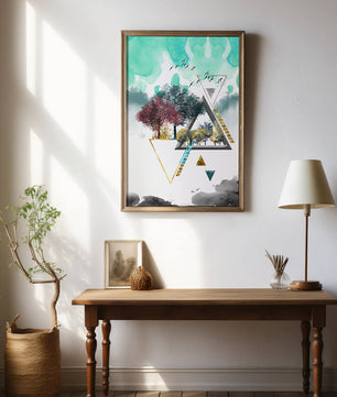 Abstract Geometric Landscape with Vibrant Trees and Birds - Mi tienda