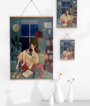 Cozy Nighttime Reading in a Living Room with Moonlit Window