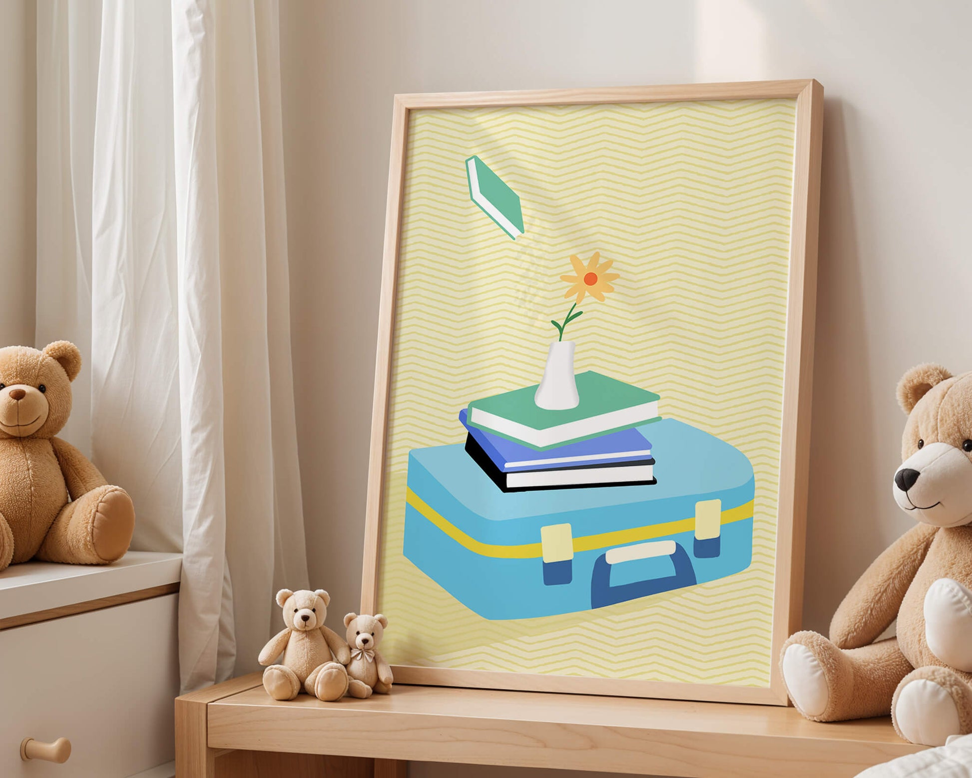 Colorful still life with books, flower vase, and suitcase