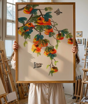 Branch with vibrant persimmons and birds illustration