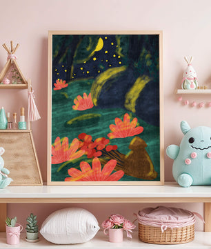 Mystical night garden with bright flowers and starlit sky