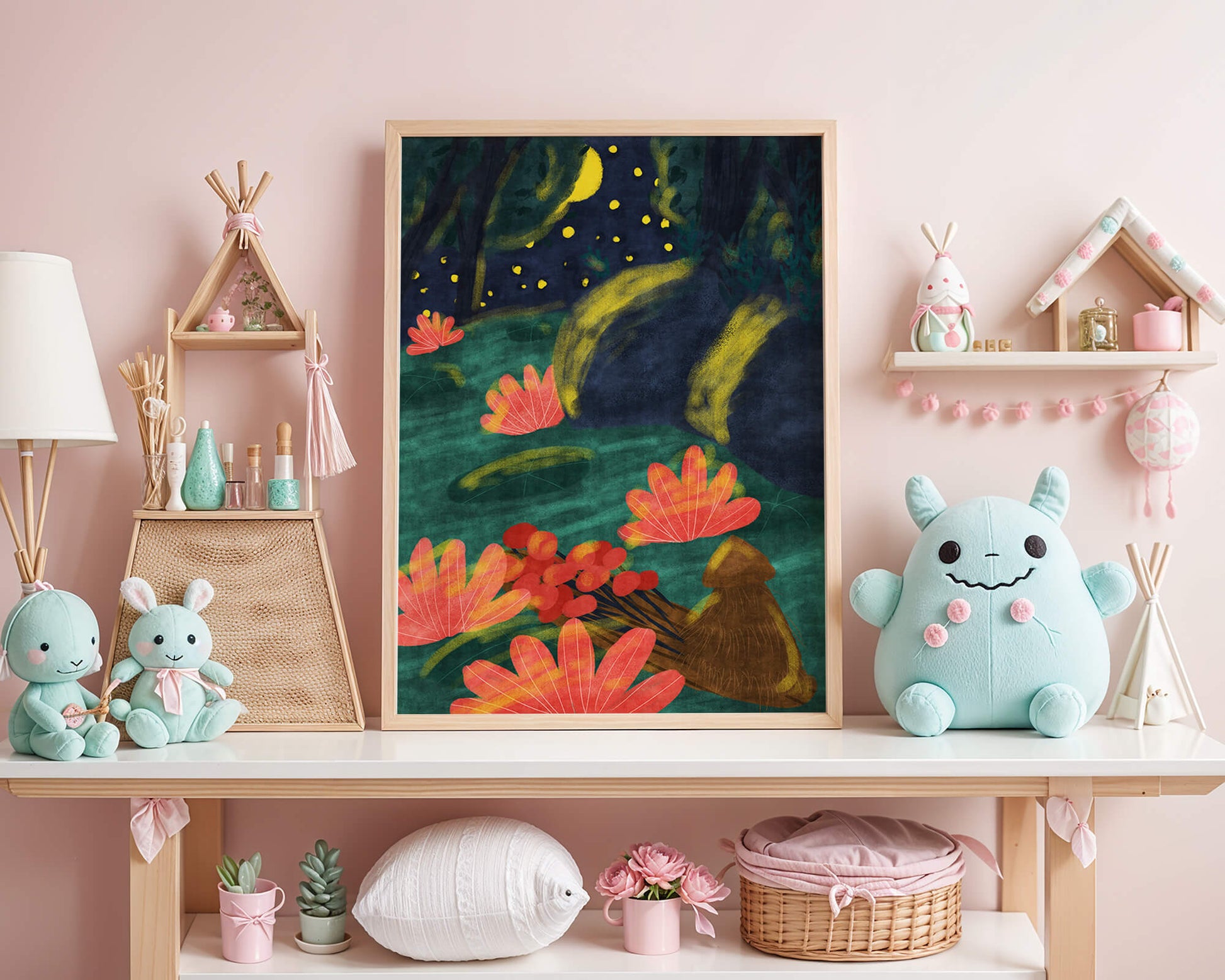 Mystical night garden with bright flowers and starlit sky