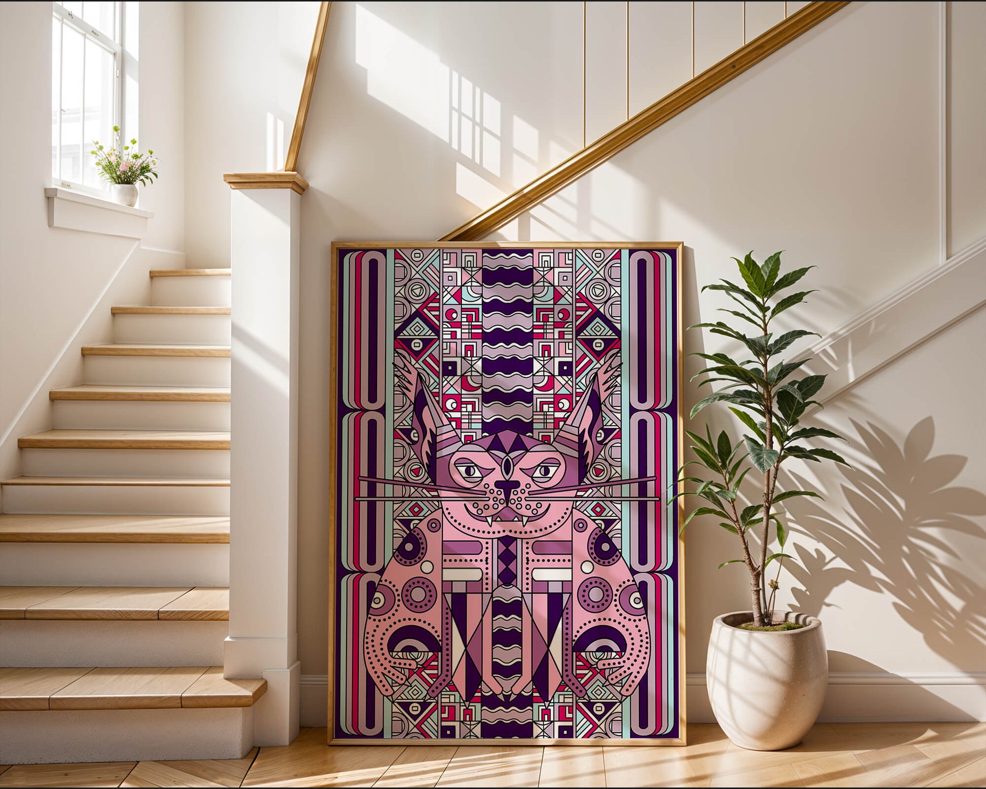 Geometric Art Deco Cat with Intricate Patterns