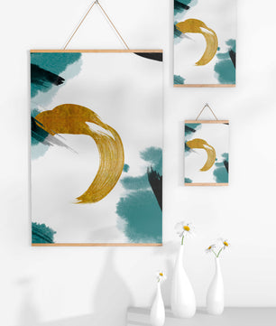 Abstract Gold and Teal Brush Strokes on White Background
