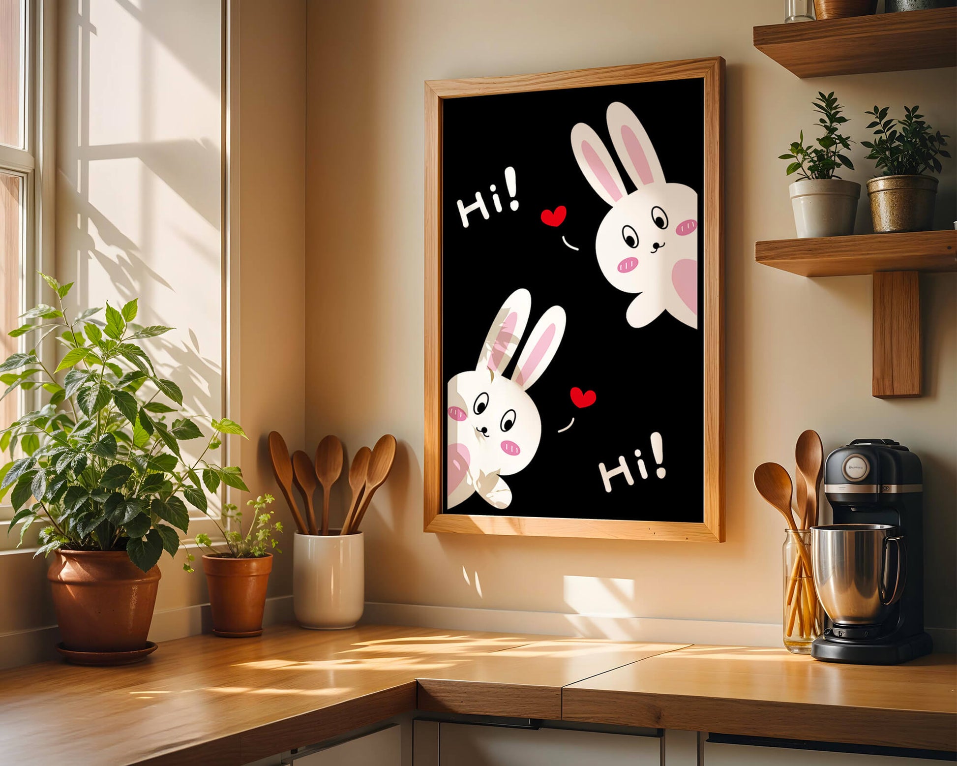 Charming bunny illustration with hearts on black background