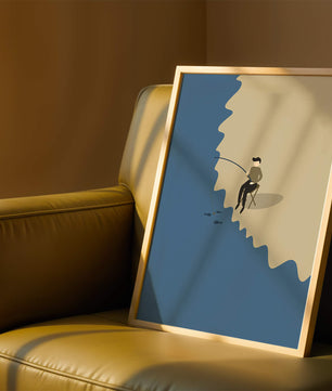 Minimalistic illustration of a person fishing by the sea