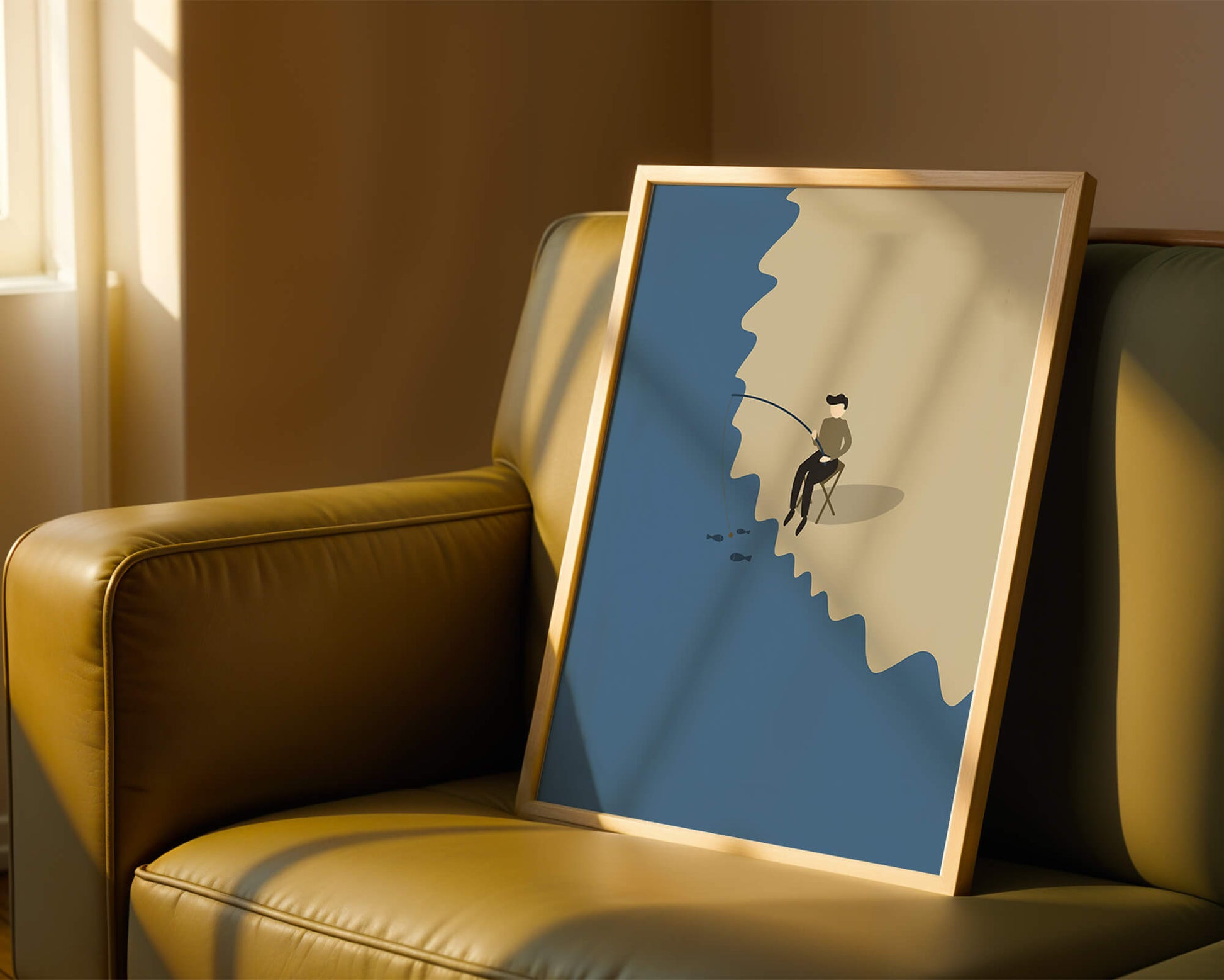 Ilustración minimalista de una persona pescando por el mar