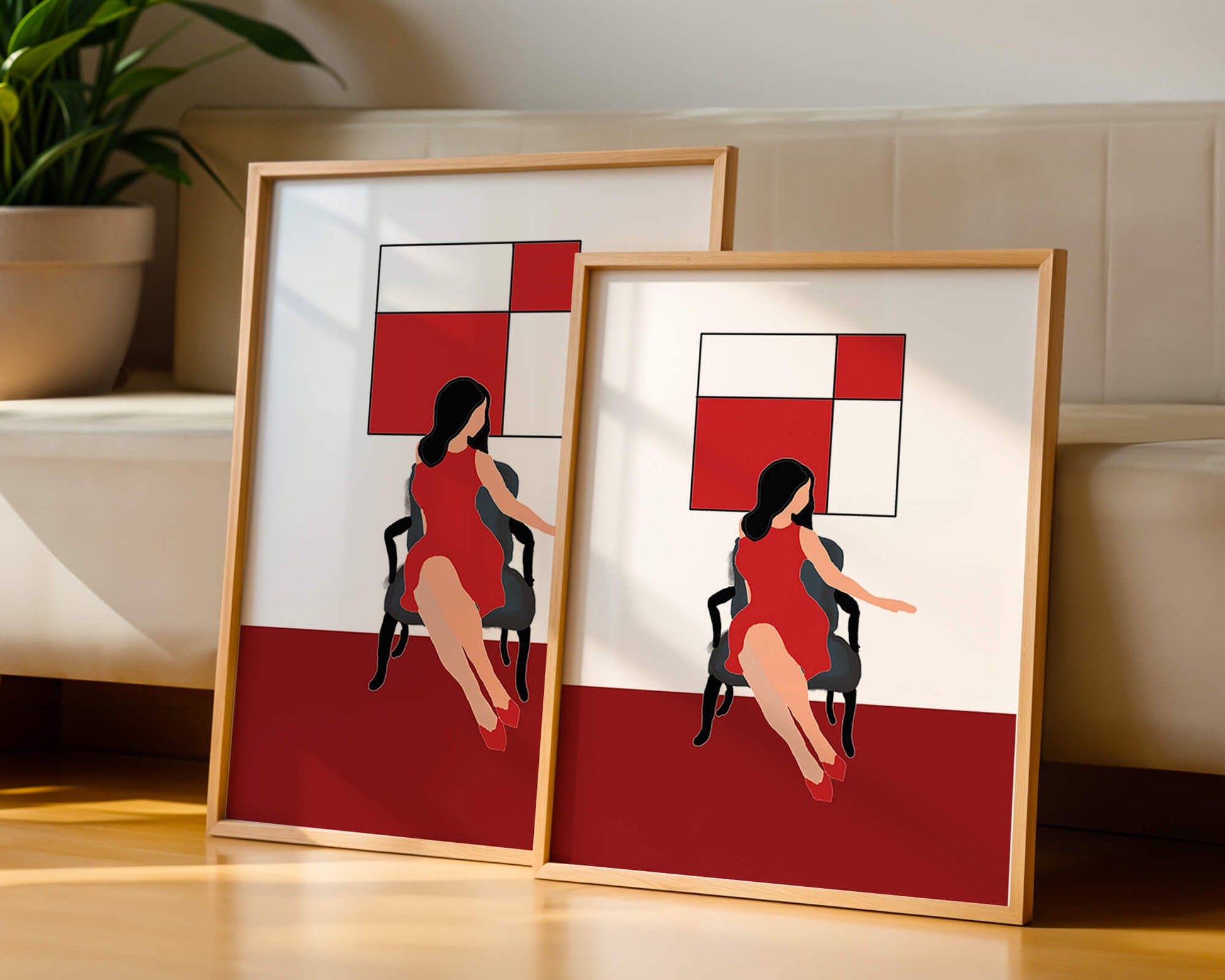 Mujer abstracta en vestido rojo sentada en una silla con arte geométrico en la pared