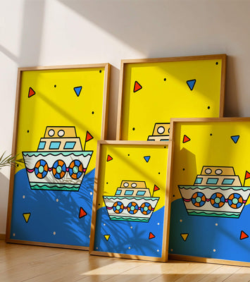 Colorful boat illustration with cartoon elements