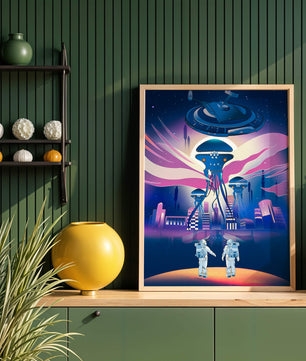 Futuristic Space City With Alien Creatures and Astronauts