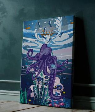 Colorful underwater scene with octopus and fishing boat above