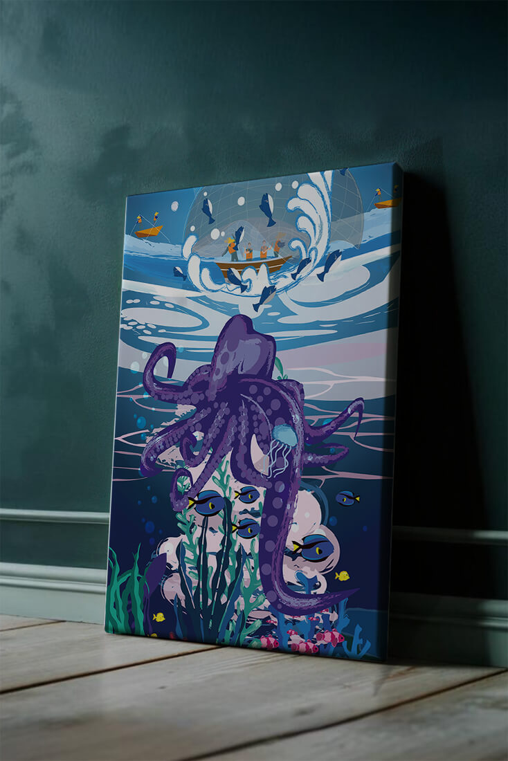 Colorful underwater scene with octopus and fishing boat above