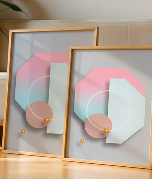 An abstract geometric art piece with pastel tones and golden accents