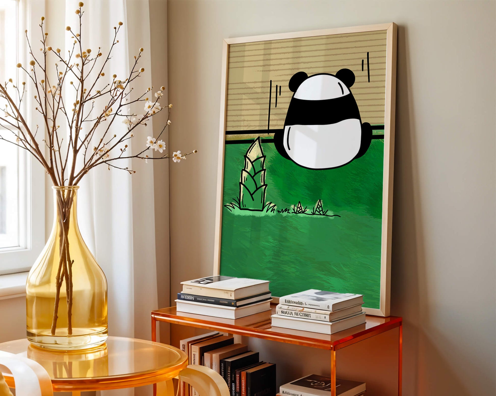 Whimsical panda in a green bamboo forest background