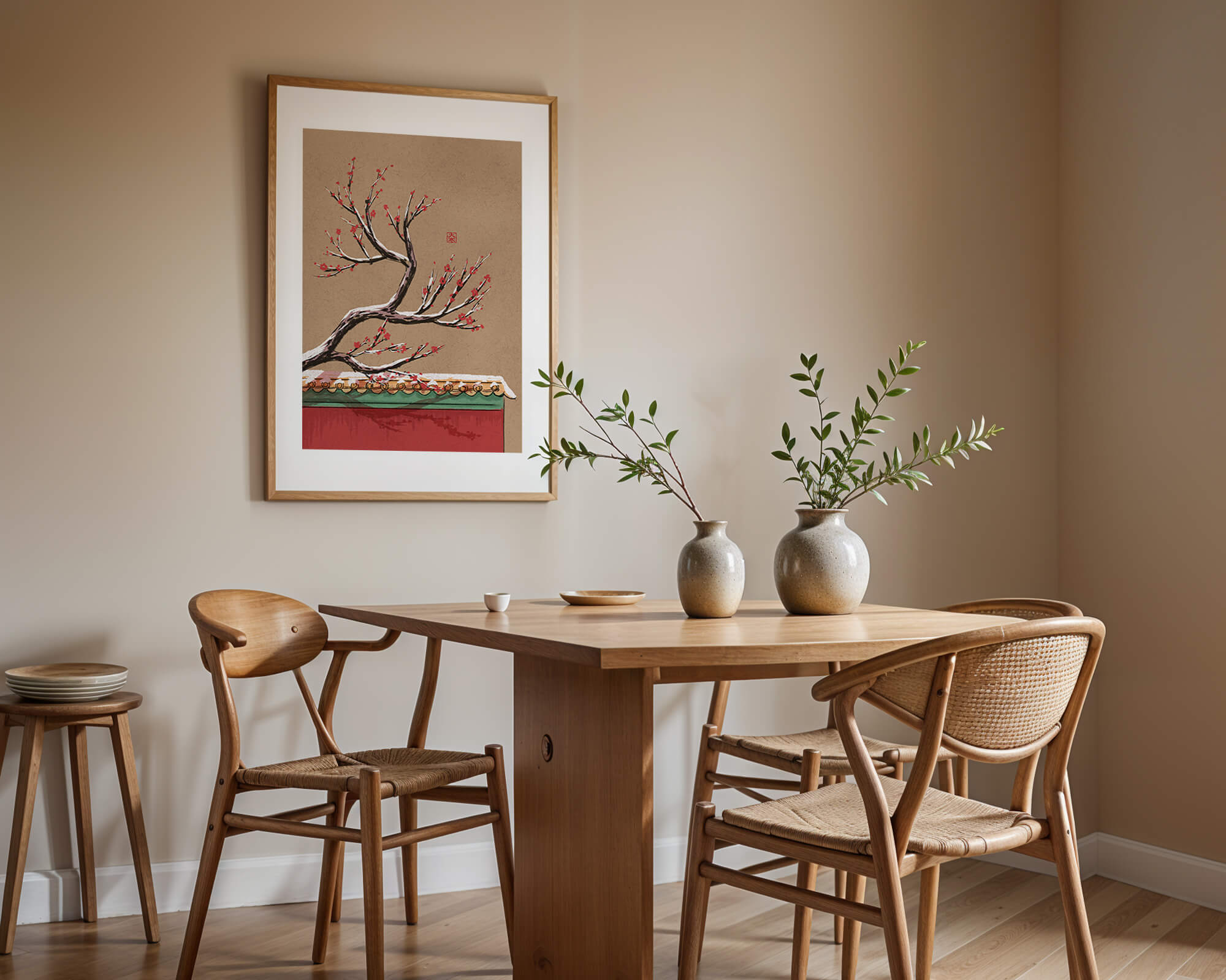 Illustration of blooming plum branch over traditional rooftop