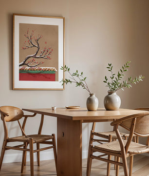 Illustration of blooming plum branch over traditional rooftop
