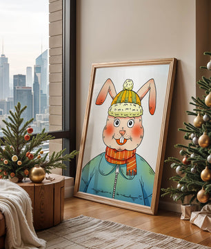 Whimsical cartoon bunny in winter attire with a striped scarf and beanie hat