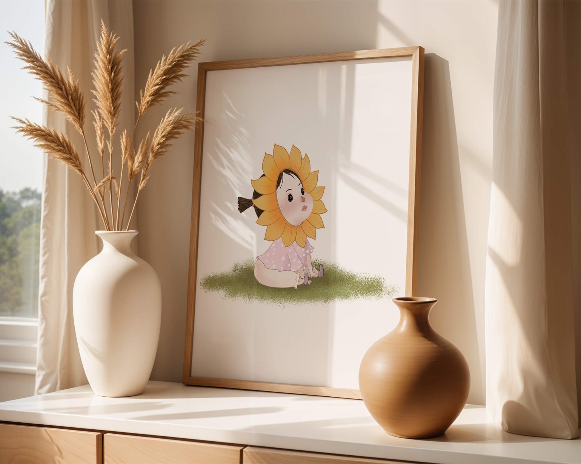 Adorable child with sunflower costume sitting on a grassy patch