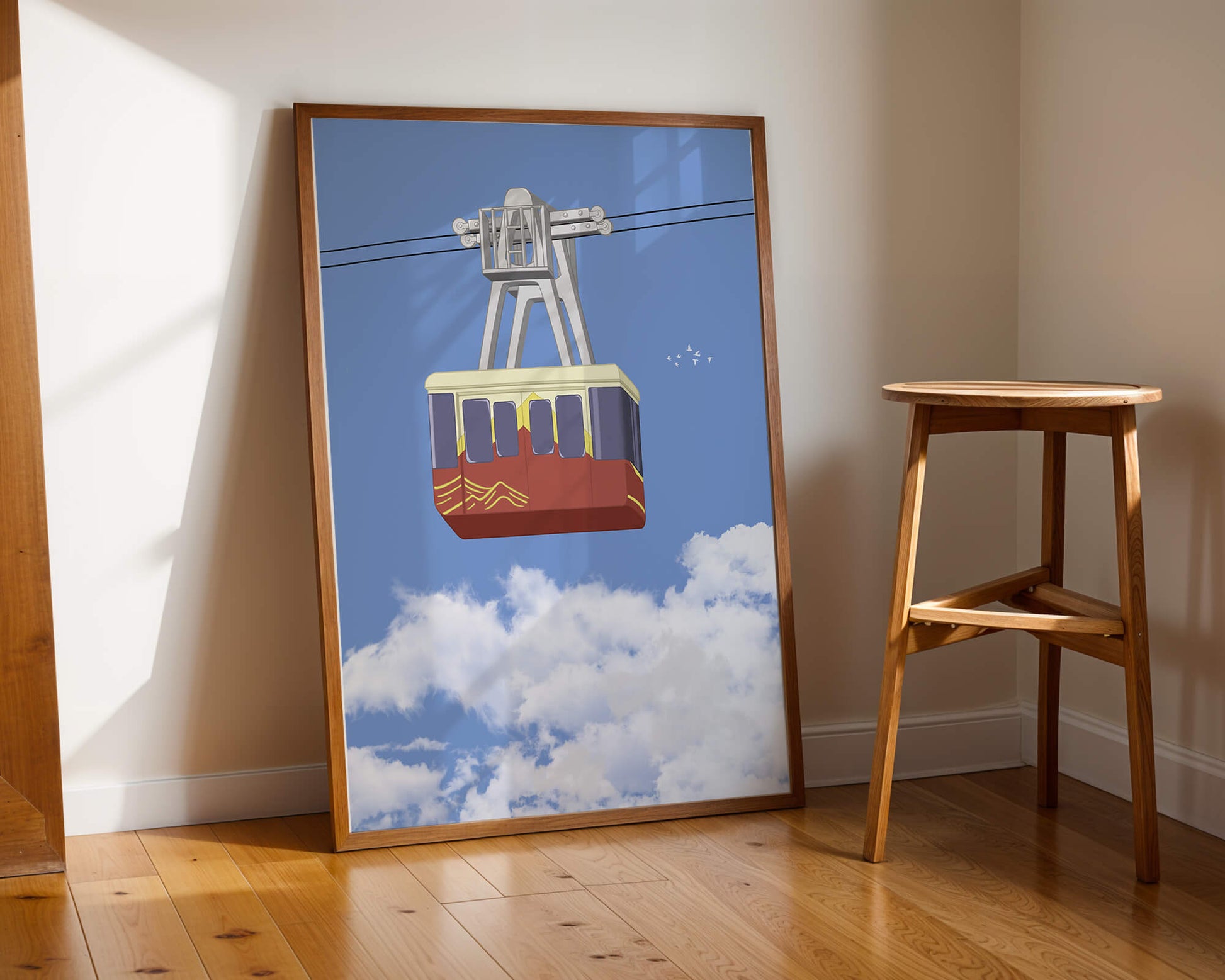 Colorful cable car against a clear blue sky