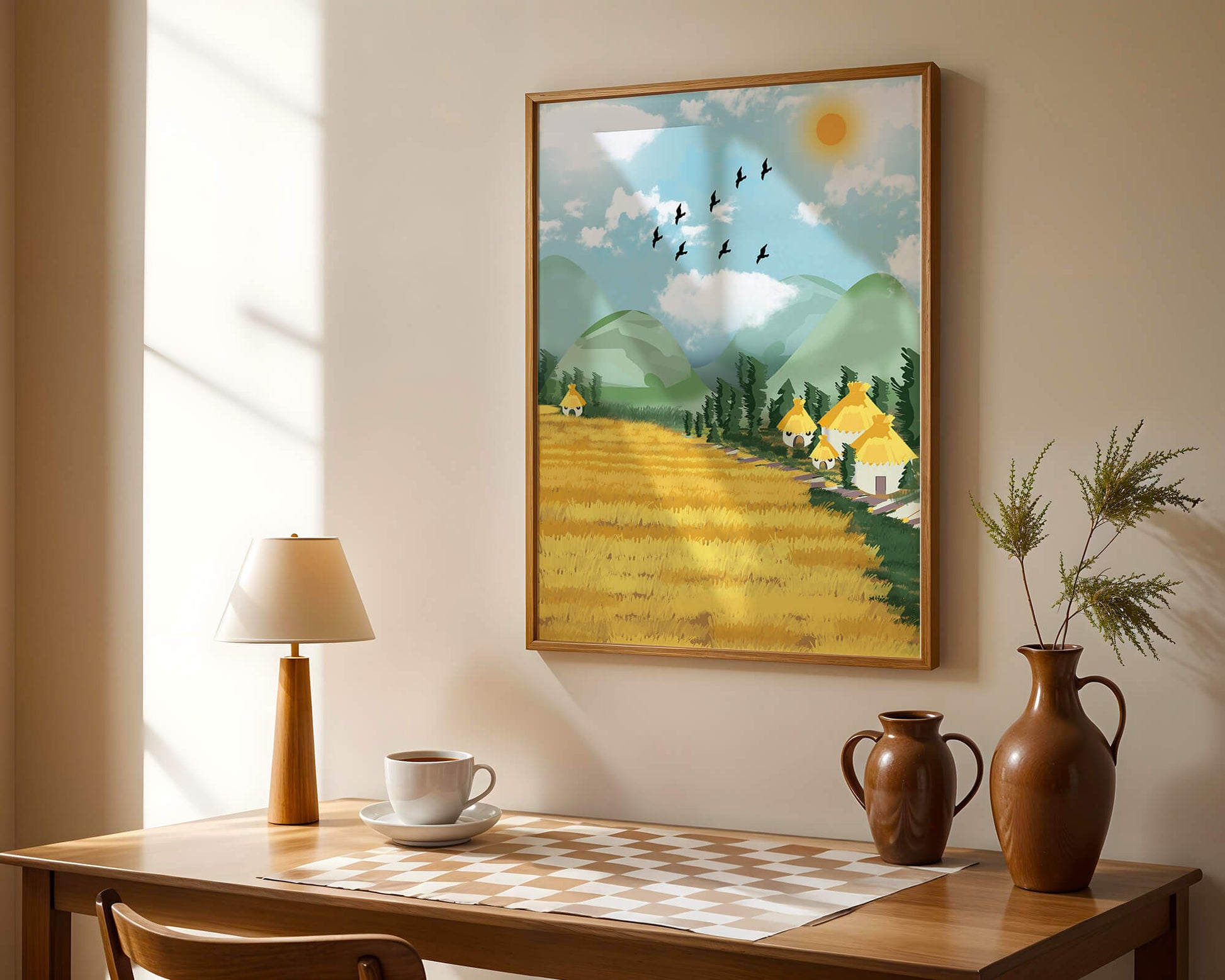 Sunny Countryside With Birds And Golden Fields