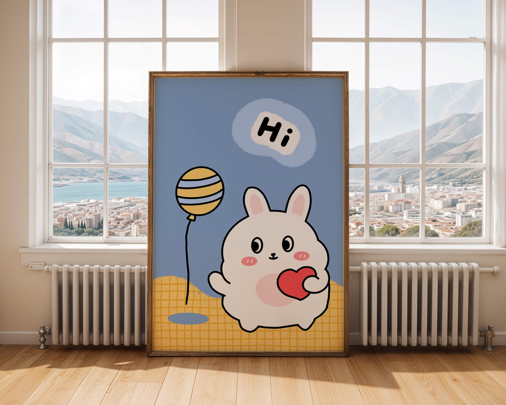 Adorable cartoon bunny with balloon and heart illustration