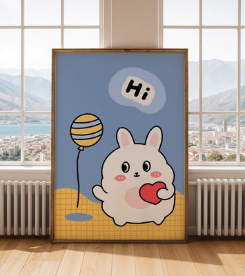 Adorable cartoon bunny with balloon and heart illustration