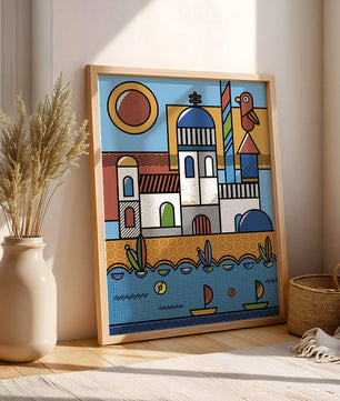 Bunte geometrische Küstendorf-Illustration mit Vögeln und Booten
