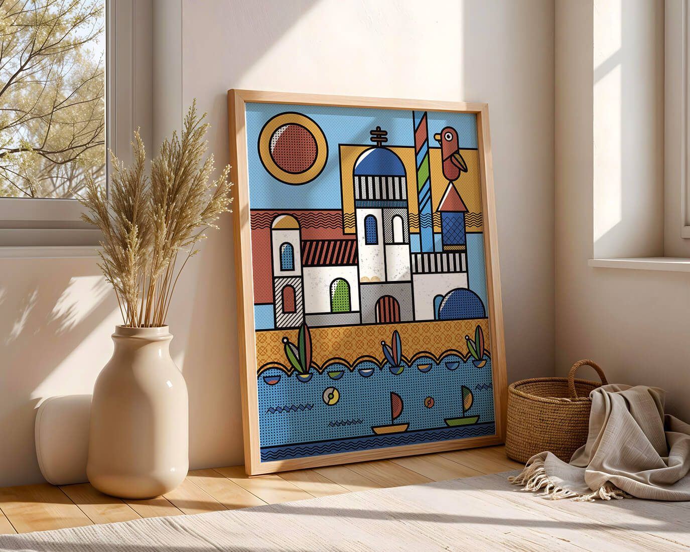 Bunte geometrische Küstendorf-Illustration mit Vögeln und Booten