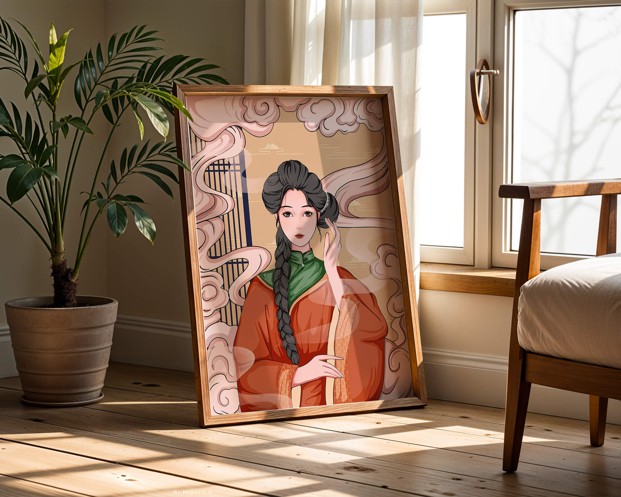 Elegant depiction of a woman in traditional attire with swirling clouds