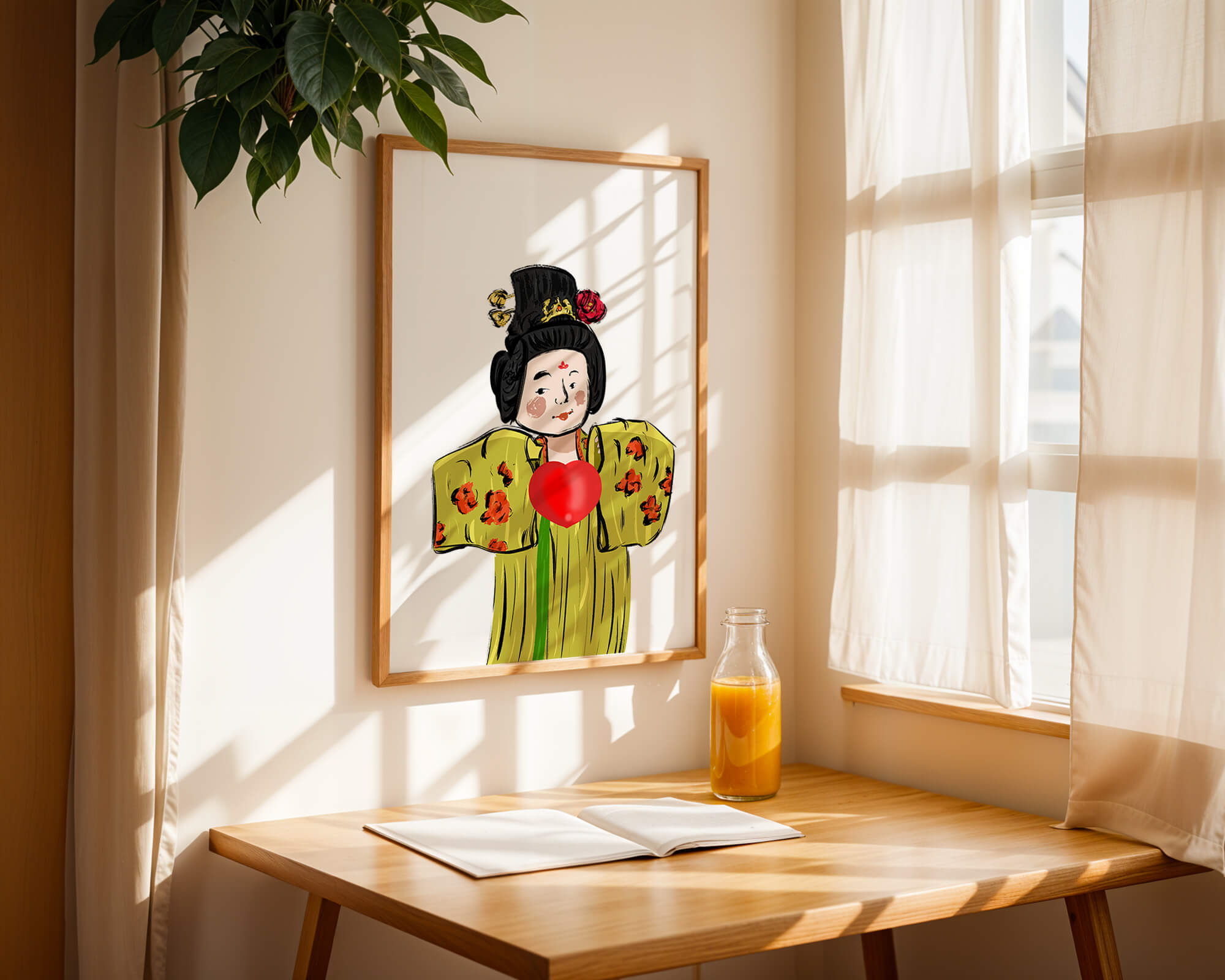 Illustration of a traditional figure in vibrant attire with a heart symbol